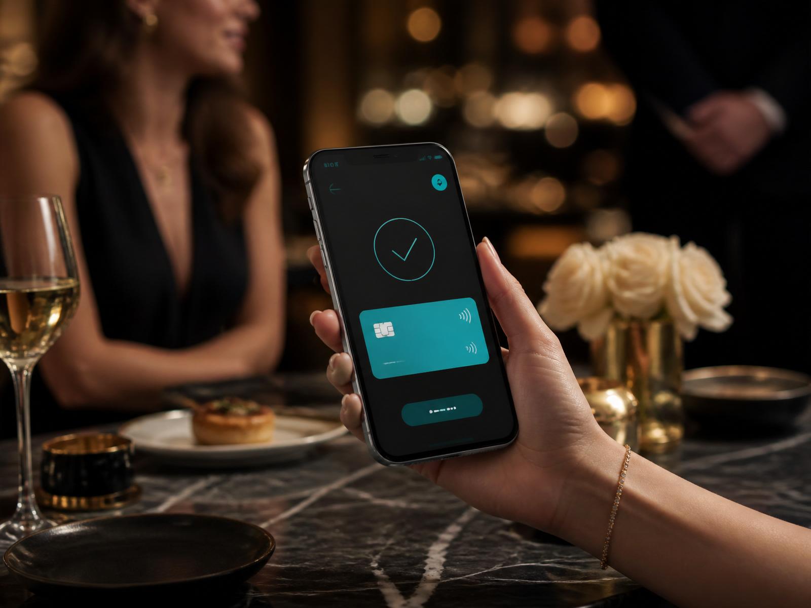 Guest paying with QX Payment app at luxury restaurant